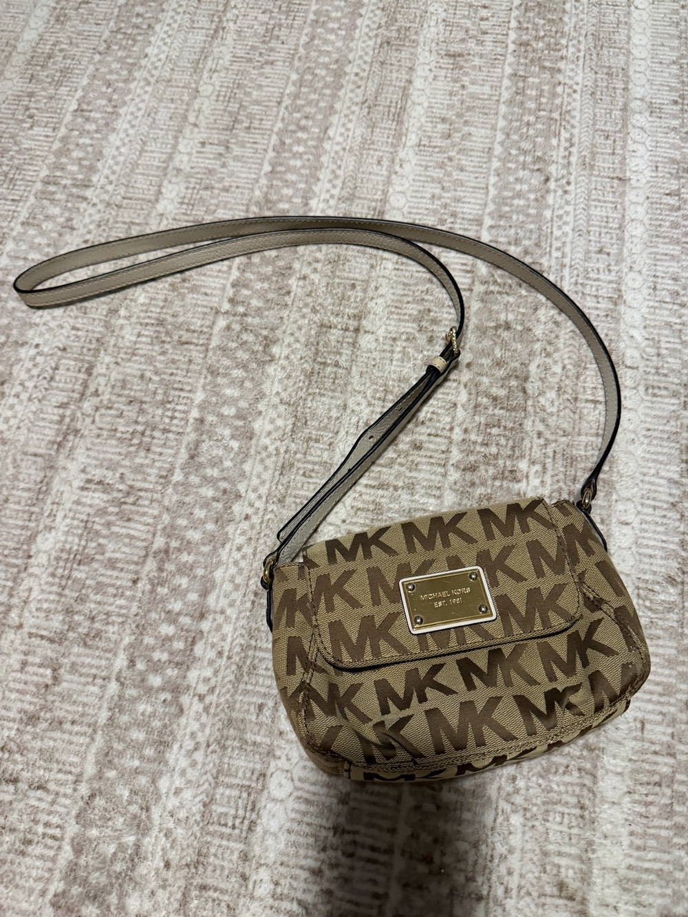 Michael Kors Tan and Brown MK Monogram Crossbody Bag